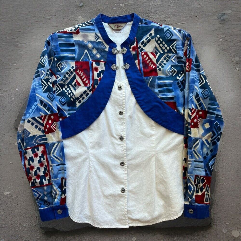 Vintage Roper Western Shirt Women's Large White Multicolor Argyle Brush Popper